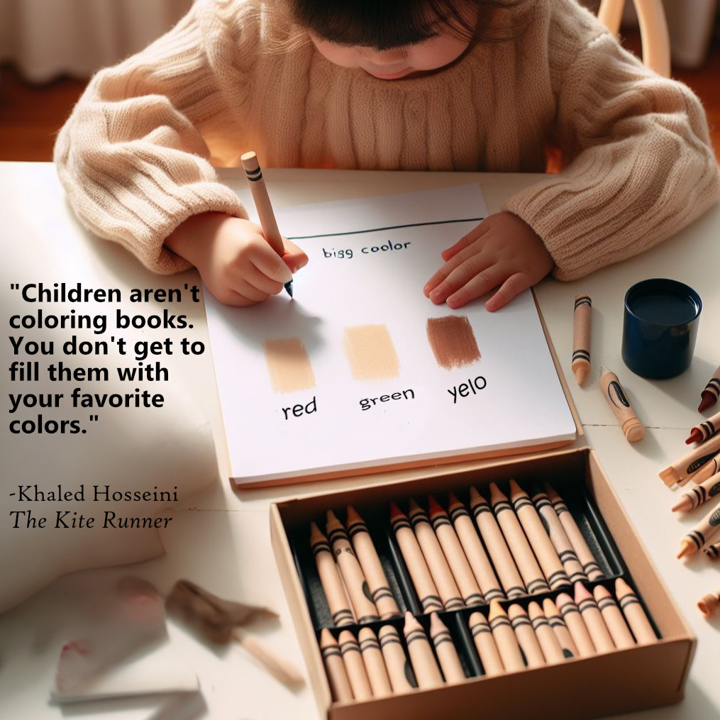 A child is coloring on a piece of paper with a beige crayon. Nearby is a large box full of beige crayons.