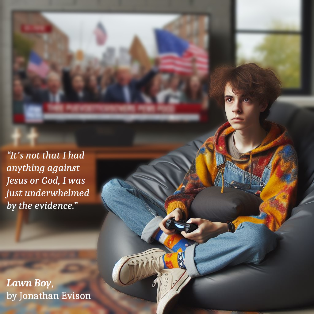 A teen plays video games in a beanbag chair looking disgusted. Behind them, a TV plays a news program showing an angry mob waving crosses and flags.