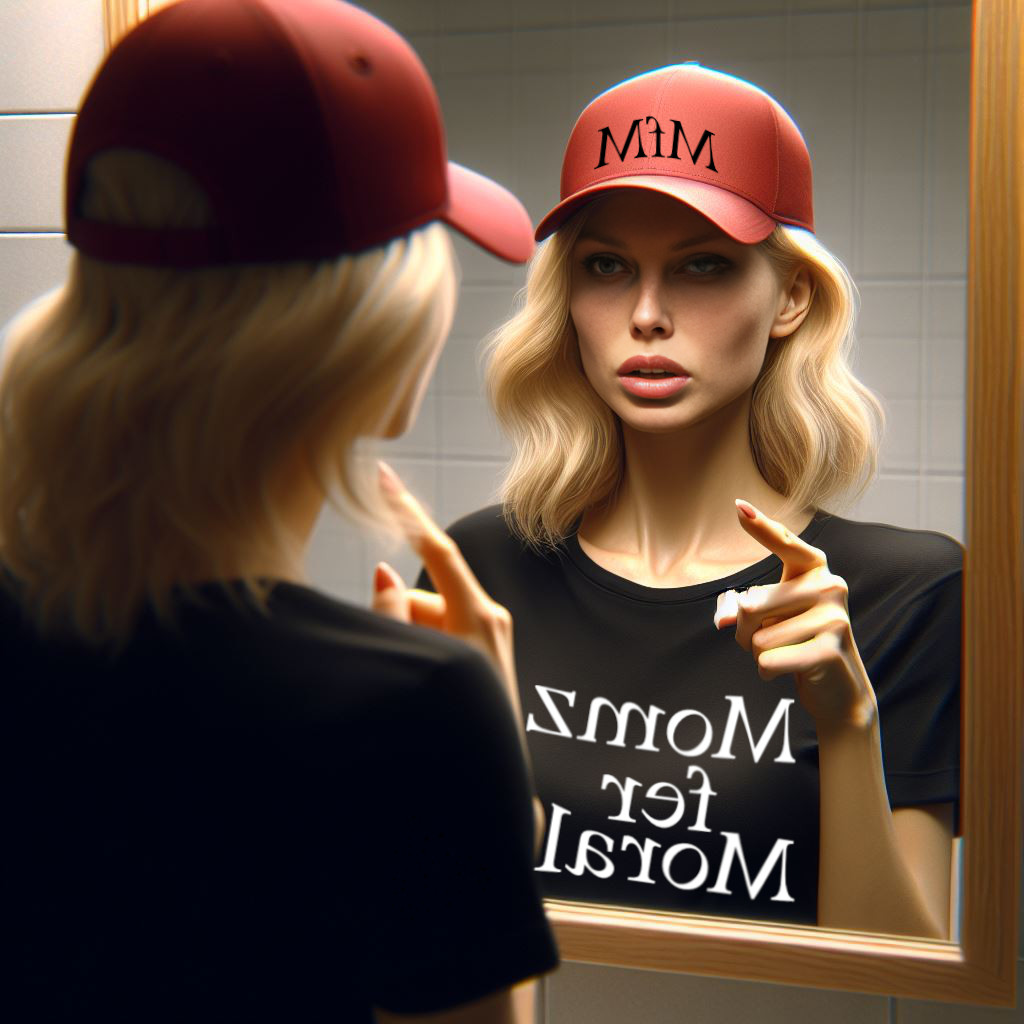 A blonde woman in a red "MfM" baseball cap is angrily pointing at her reflection in the mirror. She is wearing a black "Momz fer Moralz" tee shirt.