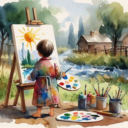 A watercolor of a child in a paint-stained smock, standing at an easel outside, painting the scene with a happy sun in the sky.