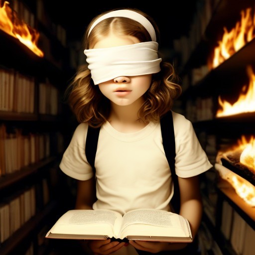 A blindfolded girl holding a book, burning bookshelves in the background.