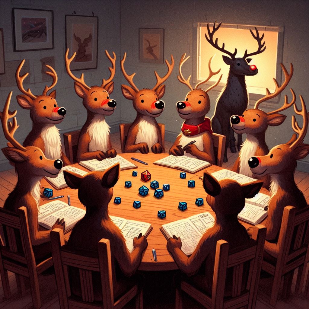 A group of reindeer play a table game. In the background, Rudolph sits alone, uninvited.